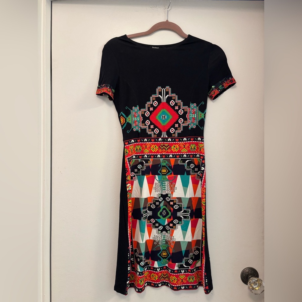 Desigual Black Midi Dress with Vibrant Geometric Print
